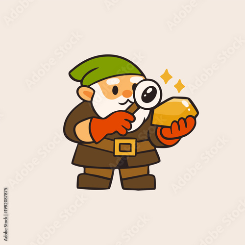 Gnome Miner with magnifying glass looks on gold nugget. Cute little character. Hand drawn Vector illustration. Isolated design element. Treasure mine, mobile game concept