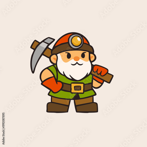 Gnome Miner with pickaxe, helmet, gloves, white beard. Cute little character. Hand drawn Vector illustration. Isolated design element. Treasure mine, mobile game concept
