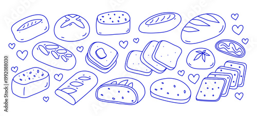 Set of cute hand drawn bread, toasts, ciabatta, bun and loaf in Mediterranean line art style isolated on white background. Modern outline pastries for cafe, breakfast, bakery, posters, packaging, etc.