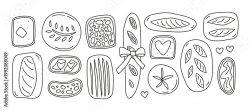 Set of cute hand drawn toasts, sandwiches, bread, loaf, buns, baguette and ciabatta in simple line art style isolated on white background. Doodle outline breakfast toasts with butter and jam top view.