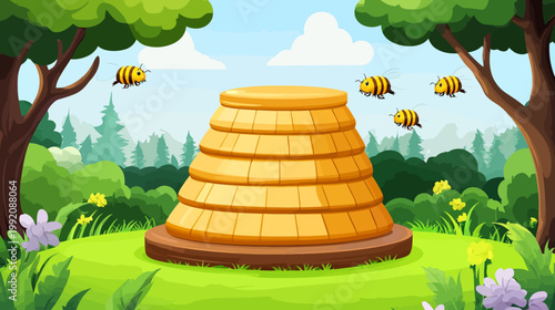 Animated illustration of a beehive surrounded by greenery, flying bees, and trees under a blue sky