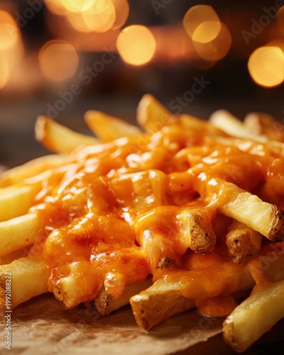 Close up of Thick Cut Fries Drenched in Savory Cheese Sauce