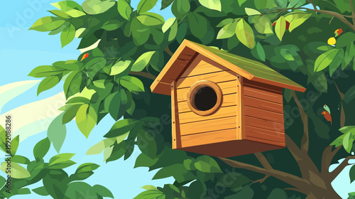 A wooden birdhouse hangs among the lush green foliage of a tree, bright sky backdrop