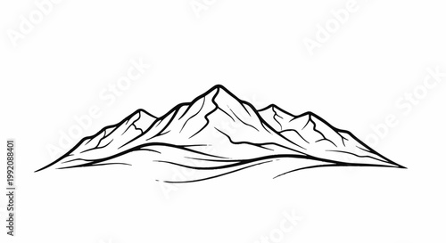 Stylized black and white drawing of majestic, jagged mountain peaks