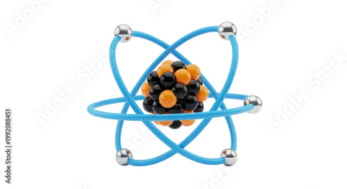 Vector illustration of 3d illustration of an atom model with a nucleus and orbiting electrons on a transparent background