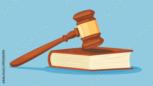 A cartoon illustration of a gavel resting on a closed book, set against a light-blue backdrop