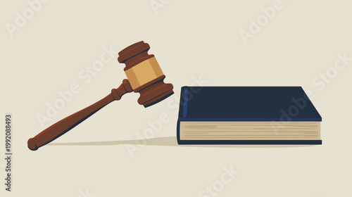 A gavel positioned above a closed book, symbolizing law and justice on a neutral background
