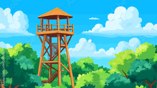 Pixelated artwork of a wooden observation tower in a green forest under a blue cloudy sky