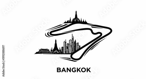 Stylized black and white graphic of a cityscape integrated with a racing track