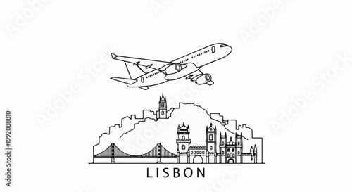 Stylized black and white illustration of a city skyline with an airplane overhead