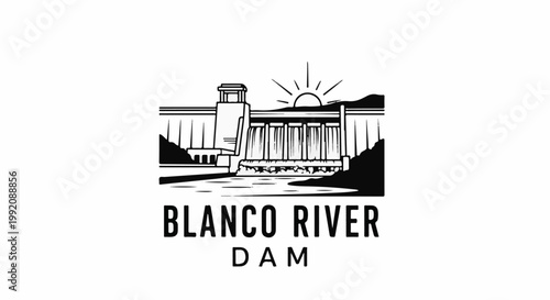 Stylized black and white illustration of a dam with water flowing