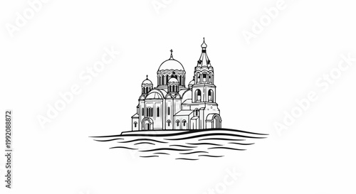 Stylized black and white illustration of a domed orthodox church on water