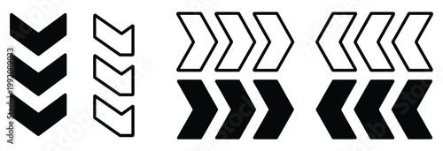 Set of chevron and arrow icons in black and white for design and directional purposes