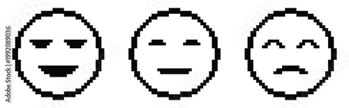 Pixel art simple flat vector emoji set on transparent background. Happy, neutral, and sad faces. Retro 8-bit style smileys perfect for gaming, nostalgic designs, mood icons, digital expressions.