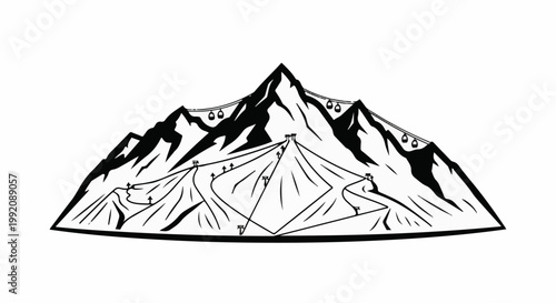 Stylized black and white illustration of a snowy mountain with ski slopes and chairlifts