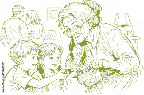Grandma Secretly Giving Candy to Grandchildren