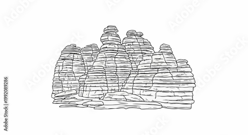 Stylized black and white illustration of stacked rock formations