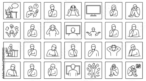 Set of line art illustrations depicting human emotions and situations