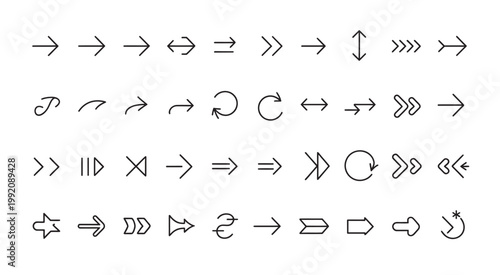 Assortment of black line art arrow icons and symbols for digital interfaces.