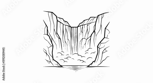 Stylized black and white line art of a dramatic waterfall cascading down cliffs into a calm pool