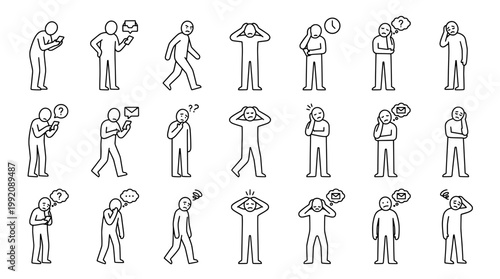 Set of minimalist line art figures depicting various human emotions and actions