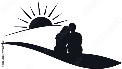 Couple watching sunset on hill silhouette.