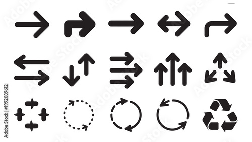 Set of bold arrow icons and symbols representing direction, movement, and actions.