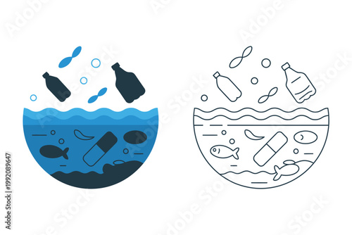 An illustration showing ocean pollution with plastic bottles and fish