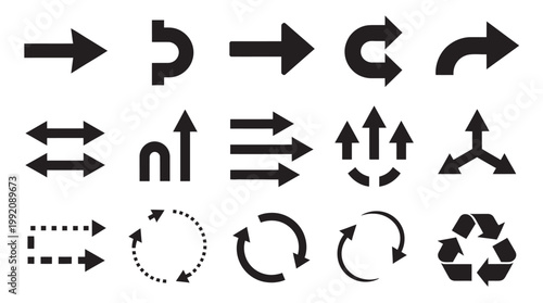 Assortment of black arrow icons and symbols for navigation, direction, and processes.