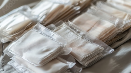 Close up of multiple sterile medical bandages ready for use