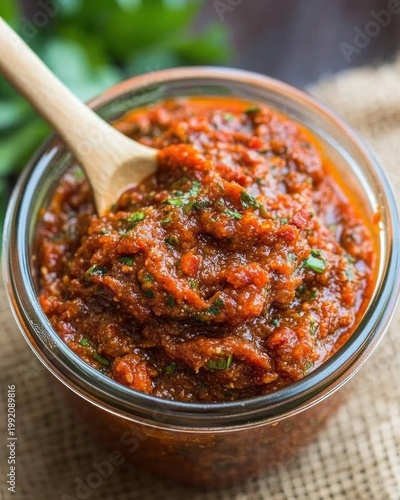 Close up of savory bacon jam with wooden spoon