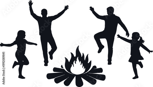 People dancing around campfire silhouettes enjoying outdoor recreation and celebration.