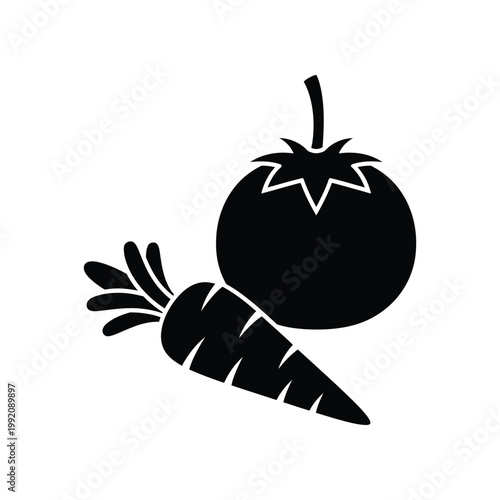 Solid black silhouette icon of fresh tomato and carrot representing healthy vegetable nutrition and balanced diet concept for food industry branding in a clean vector graphic design style