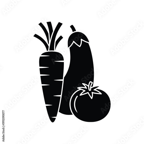 Black silhouette icon of fresh vegetable medley featuring carrot eggplant and tomato isolated on white background for agricultural branding