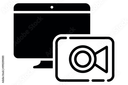 A black and white icon of a camera and computer monitor graphic design
