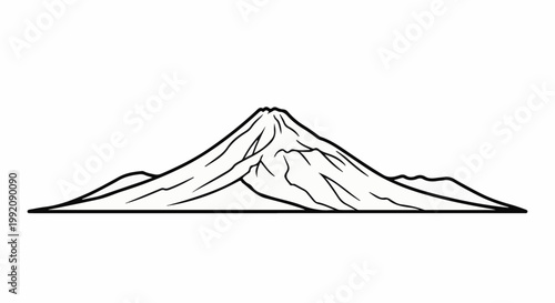 Stylized black and white outline of a conical mountain with surrounding foothills