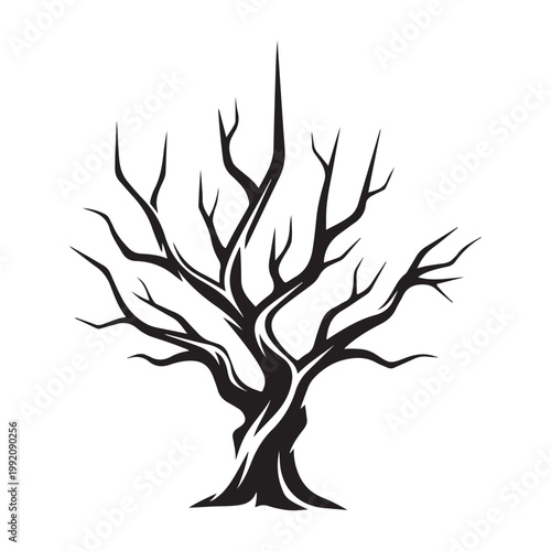 Stylized black silhouette of a spooky leafless tree, a vector graphic icon for Halloween or gothic design elements