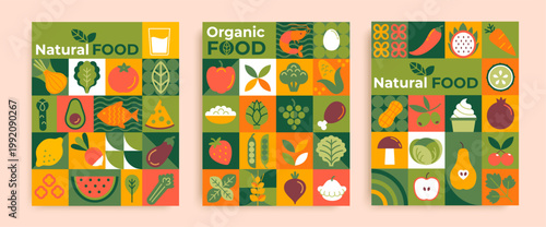 Natural food, fruits, vegetables,nuts and mushrooms on geometric background.Bright template icons of most popular organic food for web, design,packaging,label, advertise and print. Vector illustration