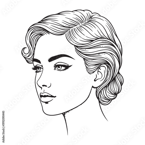 Elegant woman with a classic retro hairstyle, a hand-drawn black and white line art vector portrait for beauty and salon branding