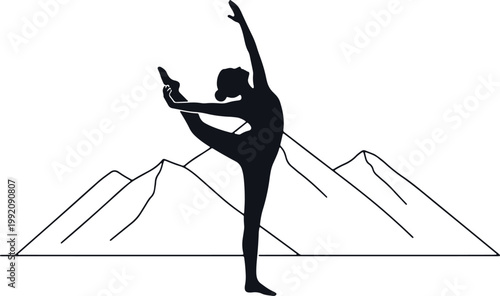 Ballet dancer silhouette in graceful pose on mountain background elegant artistic performance.