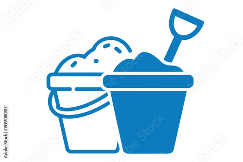 A blue illustration of two buckets and a shovel on a white background