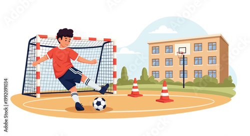 Young boy kicks soccer ball on playground with goal and school building in the background during sunny day