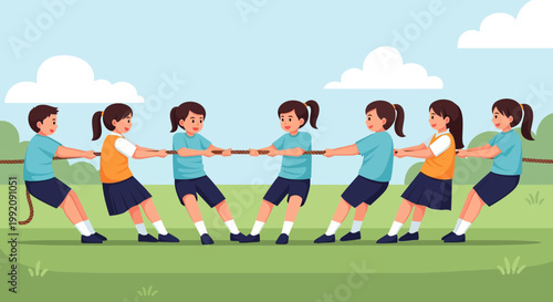 Six children play tug of war on a sunny day in the park with green grass and blue sky above