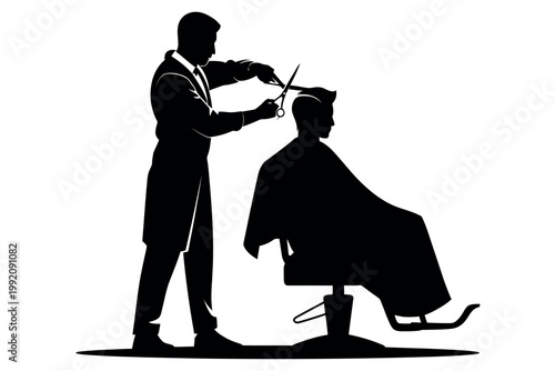 A barber in silhouette cutting a man's hair with scissors and a cape