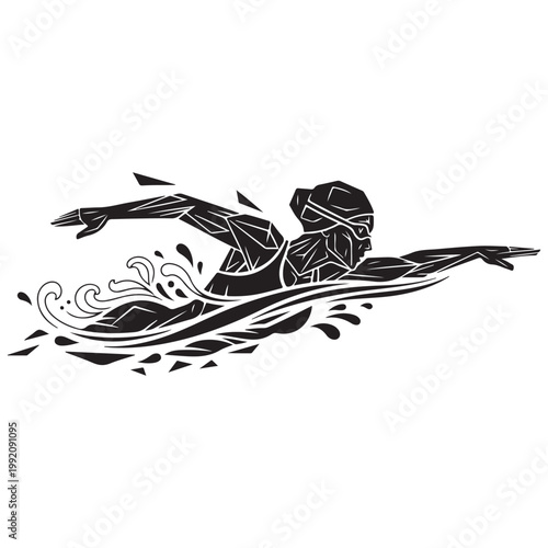 Stylized geometric vector illustration of a swimmer in a freestyle stroke with a water splash for sports concepts