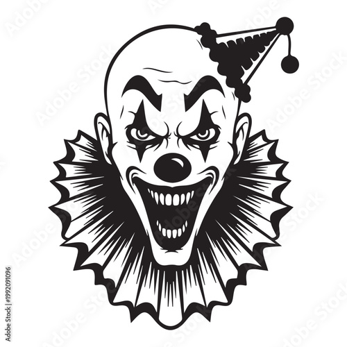 Scary evil clown face vector illustration with ruffled collar and sharp teeth for Halloween horror design
