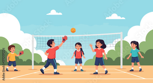 Children play volleyball in a park during a sunny day while having fun with friends and working as a team