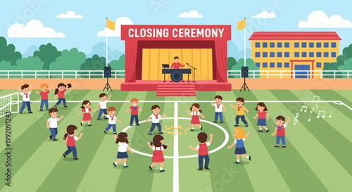 Students celebrate during a closing ceremony event on a sports field with music and activities in a sunny setting