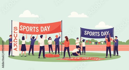 Group of people setting up banners for sports day at a school event in a park during daytime with clear sky