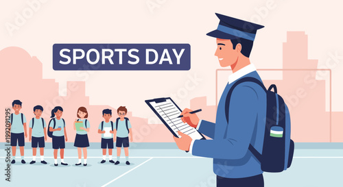 Sports day event in school with a teacher and students preparing for activities